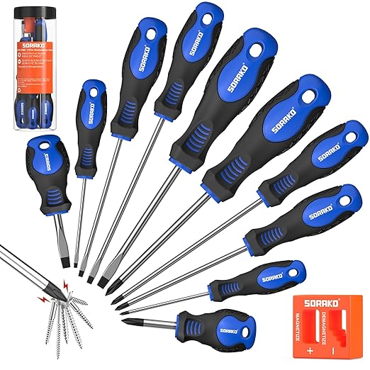 SORAKO 11-Piece Magnetic Screwdriver Set, 5 Phillips and 5 Slotted Tips, Include Magnetizer, Screwdriver with Professional Non-Slip Grip, for Home Repair and DIY Projects,With Case