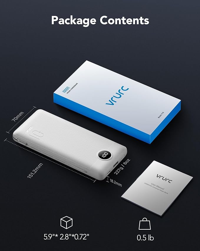 VRURC Portable Charger 10000mAh, Slim Portable Charger with Wall Plug, 22.5W USB Port Fast Charging Power Bank with Cables, 4 Outputs 2 Inputs Travel Essentials Battery for Smartphones-White (1 Pack)