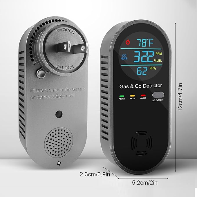1 Pack 4-in-1 Plug-in Carbon Monoxide Detector with Voice Alerts, Combination Gas & Carbon Monoxide Detector, Portable CO Alarm with Fahrenheit(°F) & Humidity Sensor for Home, Hotel, RV, Easy Setup