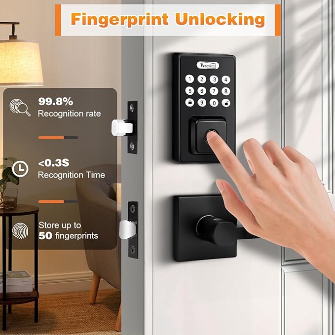 Probrico Smart Door Lock for Front Door Keypad Lock with Handle Lever, Fingerprint Deadbolt Door Lock with Code, Keyless Deadbolt Lock with Handle, Black Smart Deadbolt Lock, APP, Passcode, Auto Lock