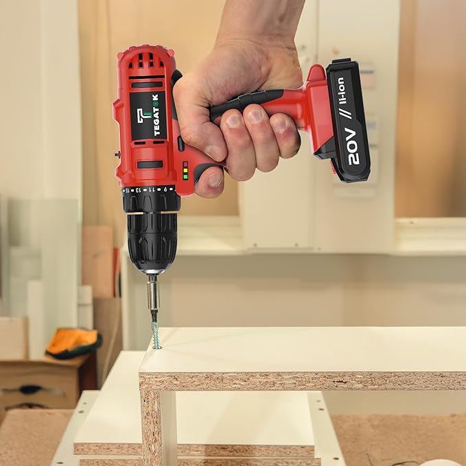 Cordless Drill Set, 3/8 Drill Handheld Screwdriver Kit with 18+1 Torque Setting, 20V Electric Drills Tools Bit, LED Electric Power Drills with Battery and Charger, Red