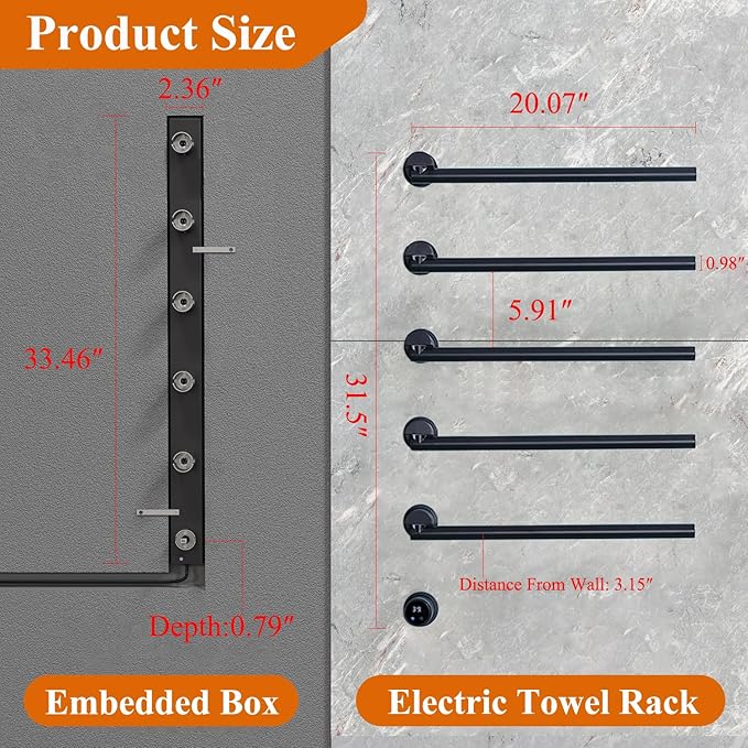 Heated Towel Rack Concealed Smart, 93W Swivel Electric Towel Warmer for Bathroom, Built-in Modular Electric Towel Rack with Timer, Thermostat, LED Display, APP, 5 Bar 180° Rotation, Hardwired, Black