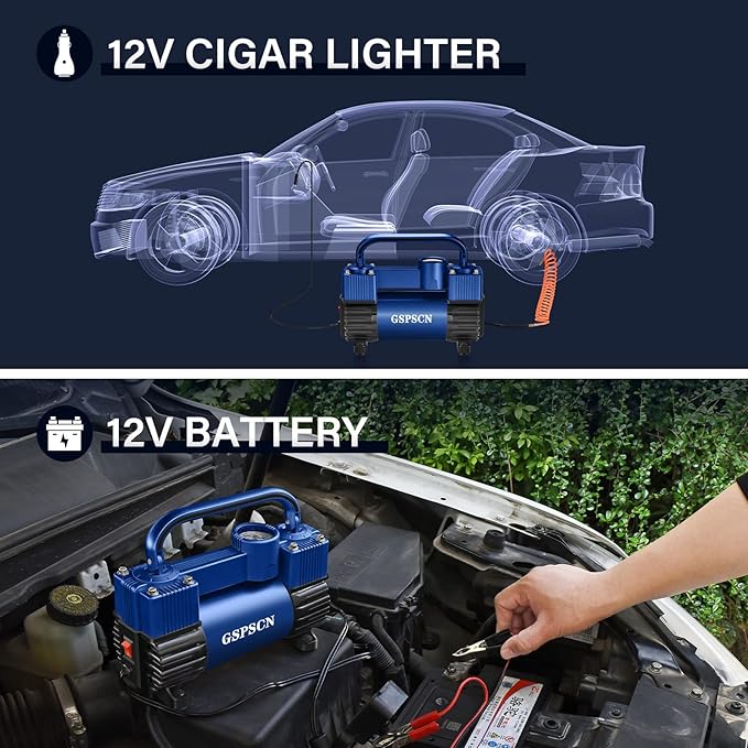 GSPSCN Blue Tire Inflator Heavy Duty Double Cylinders with Portable Bag - Car Accessories,Metal DC 12V Air Compressor Pump 150PSI w/Adapter for Car, Truck, SUV Tires, Dinghy, Air Bed, RV etc
