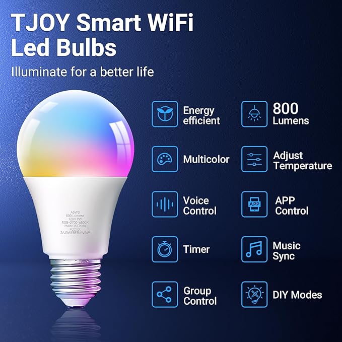 TJOY 4 Pack Smart Light Bulbs, Bluetooth WiFi Led Bulb Work with Alexa &Google Assistant, RGB Color Changing Alexa Bulbs, Music Sync, 2700K-6500K, 9W(60W Equivalent), A19 E26 800LM, 2.4Ghz WiFi only