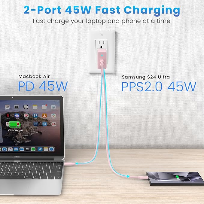 2Port 45W Super Fast Charger Type C, 2Pack 45W USB-C Charger Fast Charging for Samsung Galaxy S24 Ultra/S24+/S24/S23 Ultra/S23+/S22/S20/Note10+ with 2X 10ft Type C Cord (Pink)