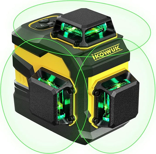 IKOVWUK Laser Level, 3x360° Cross Line Laser for Construction and Picture Hanging, 12 Green Lasers with Self-leveling, 3D Vertical & Horizontal Line, Level Tool with 5200 mAh Rechargeable Battery