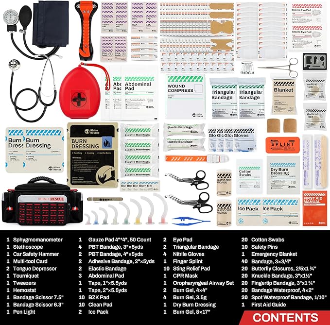 RHINO RESCUE First Responder First Aid Kit Fully-Stocked EMT Bag, Professional EMT/EMS Trauma Medical Kit, Molle System & Reflective Stripe, 300+ First Aid Supplies, Suits for Business, Home (Black)