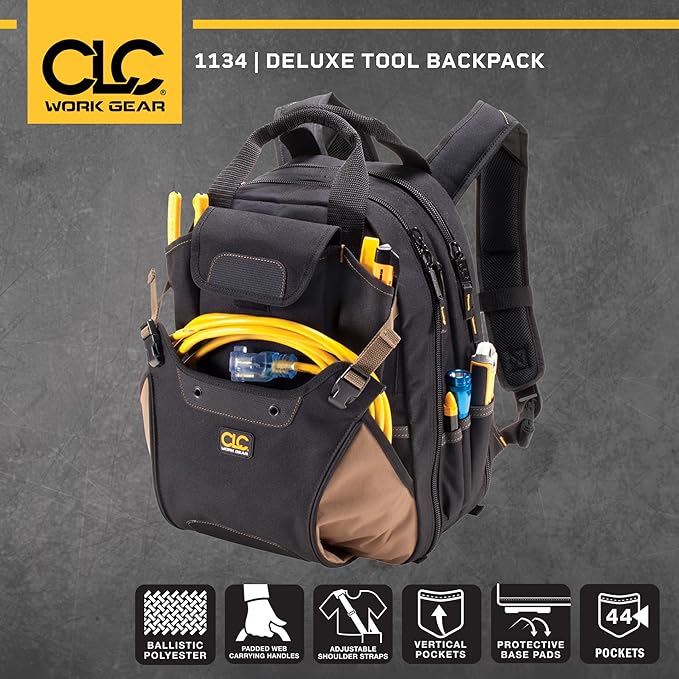 CLC Work Gear 1134 Carpenter's Tool Backpack, 44 Pockets, Padded Back Support, Black