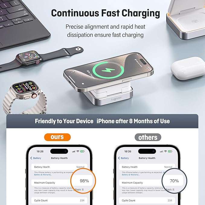 【2025 Upgraded】 Wireless Charger 3 in 1, Foldable Wireless Charging Station with Light for Apple MagSafe Charger, Travel Magnetic Charger for iPhone 16/15/14/13/12 Apple Watch AirPods (20W Adapter)