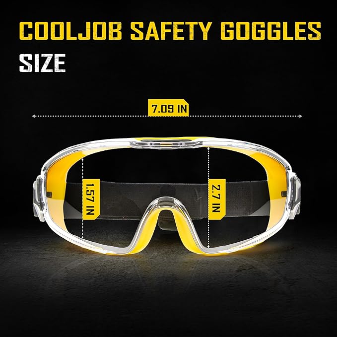 COOLJOB Safety Goggles Over Glasses with Anti-Fog Clear Lens, ANSI Z87.1 Impact Resistance and UV Proof, Adjustable Headband