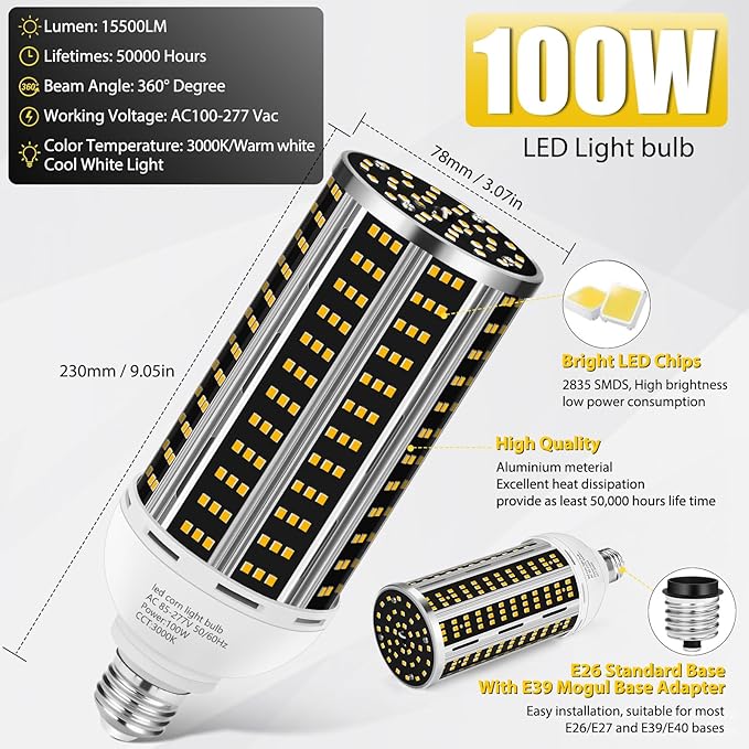 100W 2 pack LED Corn Light Bulb,Warm White 3000K(1000W Equivalent )Commercial Grade E26/E39 14200LM Medium Mogul Base LED Lamp,Large Area Lights For Outdoor Indoor Garage Warehouse Factory Bay Light