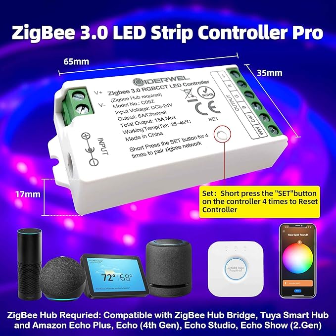 GIDERWEL Smart Zigbee 3.0 LED Controller RGBWW Work with ZigBee Hub Bridge,Echo Plus,Tuya Smart Hub for APP/Voice Control RGBCCT RGBW LED Strip Dimming and Color Changing(only Zigbee Controller)