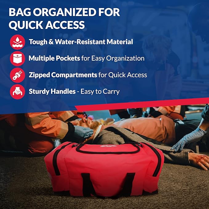 Fully Stocked Trauma First Aid Kit – First Responder II Bag with Tools, Gauze, Bandages, Scissors & Gloves – Compact & Portable – OSHA and ANSI Compliant – Red