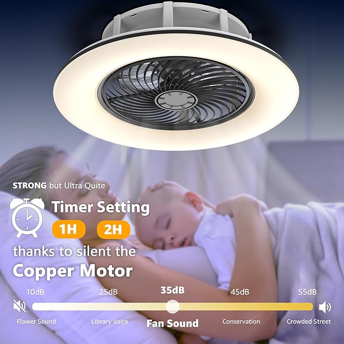 Bladeless Ceiling Fan with Light and Remote Control Low Profile Ceiling Fan 22" Modern Enclosed Multi-Speed Indoor Ceiling Fan 3 Color Temperatures Smart LED Dimmable Lighting (Black)