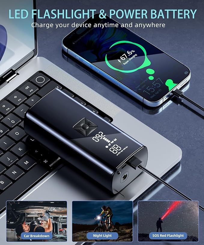 Tire Inflator Portable Air Compressor, 150PSI & 25000mah Portable Air Pump with Digital Pressure Gauge, 2X Faster Cordless Tire Pump for Car, Bike, Motorcycle, Ball