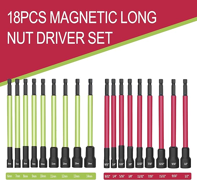 18Pcs Magnetic Nut Driver Set,Impact Power Hex Extra Long Nut Driver Drill Bit Master Kit | SAE & Metric | 1/4 Inch Hex Shank | Cr-V Steel