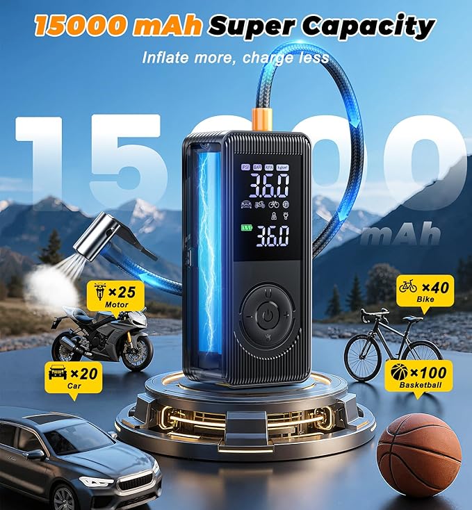 Tire Inflator Portable Air Compressor - 180PSI 5X Fast Inflation Rechargeable Battery & 12V DC Adapter Powered Air Pump for Car Bike Motorcycle Tires Balls with LCD Display, LED Light, Pressure Gauge