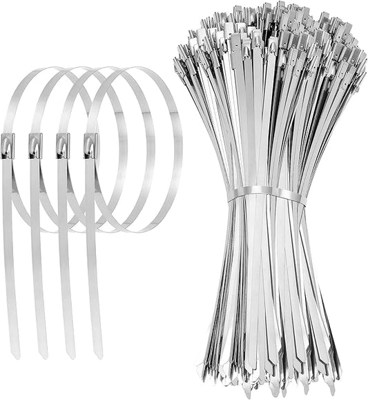 11.8 Inch 100 Pcs Stainless Steel Metal Zip Ties – Heavy Duty Outdoor Cable Ties with Self-Locking Design for Machinery, Vehicles, Farms, Pipes, Roofs, Cables