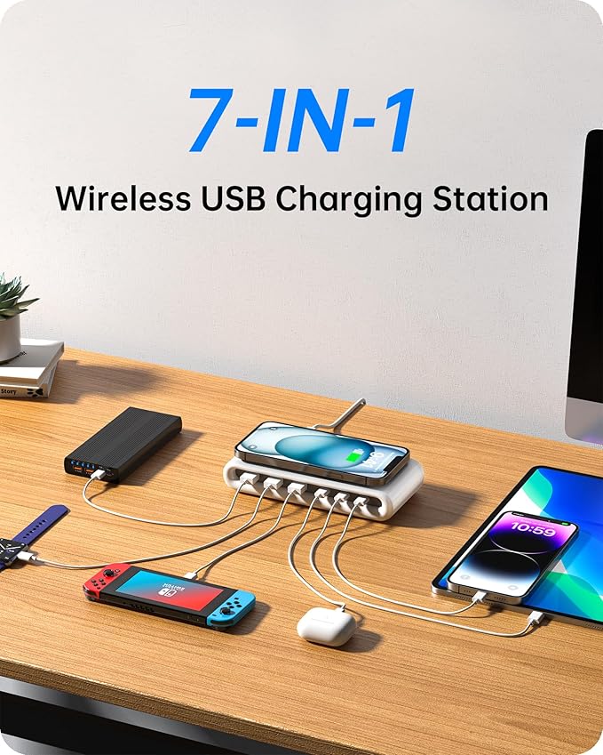 135W USB C Charging Station, 7-in-1 Magnetic Wireless USB Charger Station with PD 45 Fast Charging & 10W Wireless Charger for Phone 13 12 iPad Samsung Laptop and More