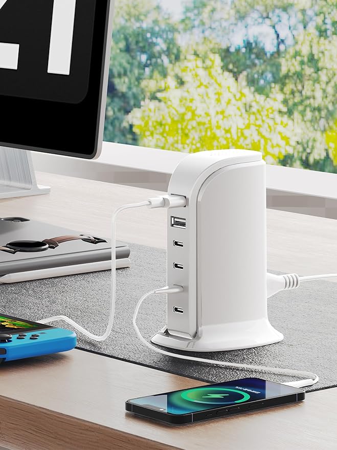 USB Charger, Charging Station for Multiple Devices 65W, Fast Charging Blocks with 4Type C Ports, Dual USB Charging Hub Organizer Multiport for iPhone, Ipad, Smartphones, Travel Accessories
