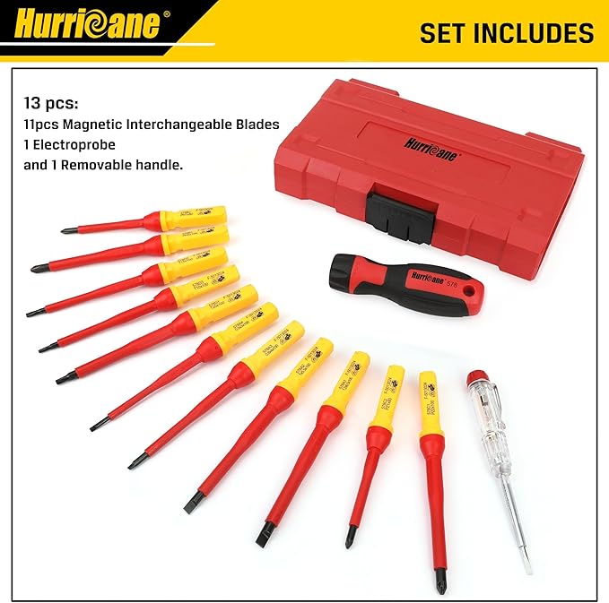 HURRICANE Professional 13 Piece Insulated Electrician Screwdriver Set,1000V Cr-V Magnetic Tip Electrical Tools for Electrician, Slotted, Phillips, Pozidriv, Torx. All-in-1 Industrial & Home Repair Kit