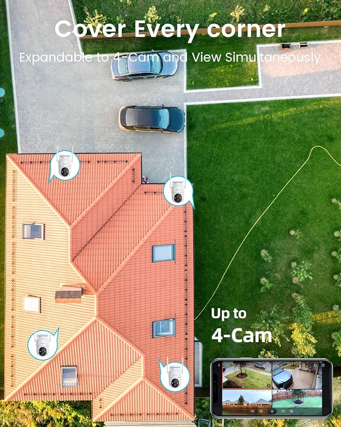 Security Cameras Outdoor Wireless,4 Cam-Kit,No Subscription,360° Pan & Tilt Home Security Cameras System,2K Color Night Vision