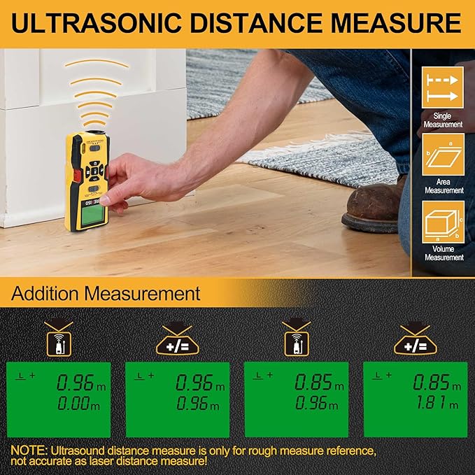 PREXISO 5-in-1 Stud Finder with Laser Level Marking & Ultrasound Distance Measure - Wall Scanner Beam Finders for Dry Interior Walls, Metal Studs - Area, Volume, Addition | Wood, AC Wire Detector
