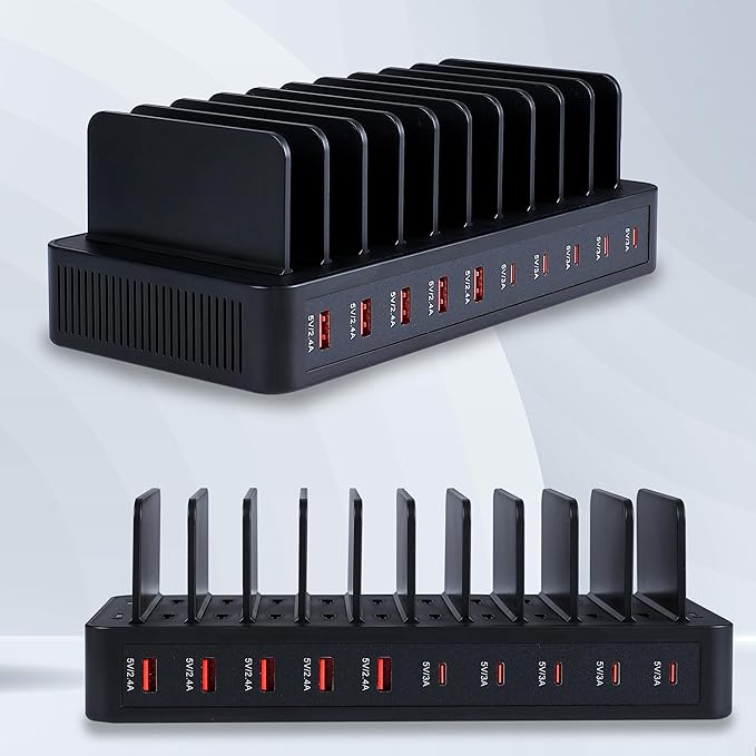 100W 10-Port Smart Charging Station | 5 USB-A & 5 USB-C Ports | Organized Design for Cellphones, Tablets, Watches & More (Black)