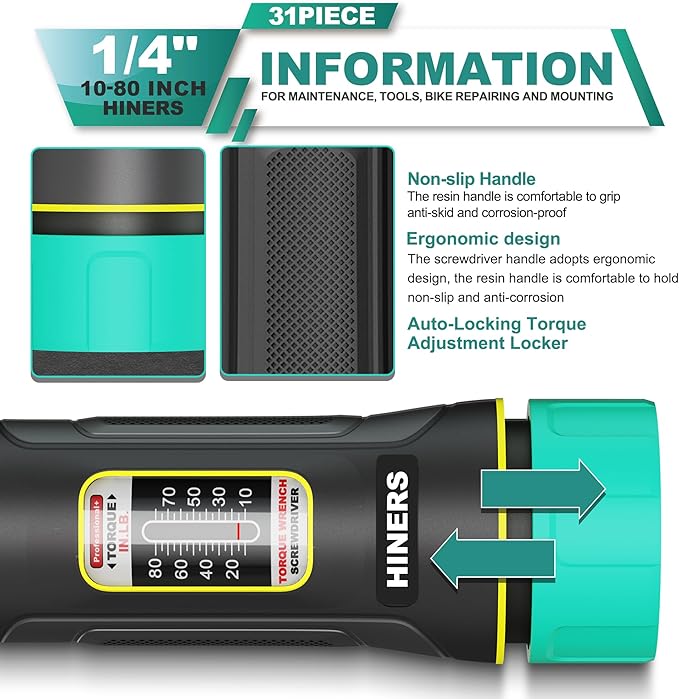 31 Piece Torque Screwdriver Wrench Driver Set 1/4" 10-80 Inch Pounds lbs with 30pcs S2 Bits, Long Shank Screwdriver Torque Wrench for Maintenance, Tools, Bike Repairing and Mounting