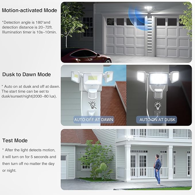 Onforu 65W LED Motion Sensor Outdoor Lights Plug in, Dusk to Dawn Flood Security Lighting Outside, Motion-Activated Detector Exterior Photocell Light Fixture, 6500LM 6500K IP65 Waterproof (White)
