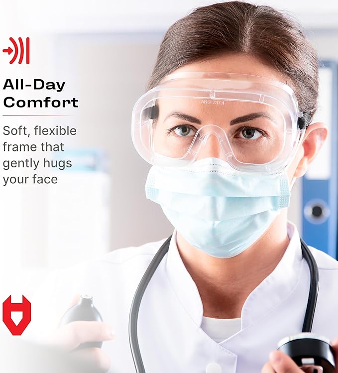 NoCry Protective Non-Vented Safety Lab Goggles with Anti-Fog Coating, Clear Scratch-Resistant Lenses, Universal OTG Fit, an Adjustable Headband, ANSI Z87.1 Rating, and UV Protection