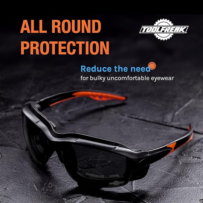 ToolFreak Spoggles - Tinted Lens With Pouch - Safety Glasses & Protective Goggles - Polycarbonate Lens, ANSI Z87 Rated & UV Protection - Foam Padded, Removable Legs, Headstrap & Pouch