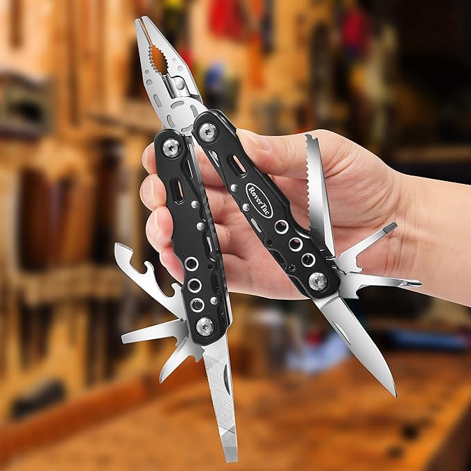 RoverTac Multitool Pliers Pocket Knife, 14 in 1 Multi Tool Knife Pliers Saw Bottle Opener Safety Lock Nylon Sheath, Camping Hiking Gear Multitool for Camping Survival Hiking DIY, Gifts for Men Dad