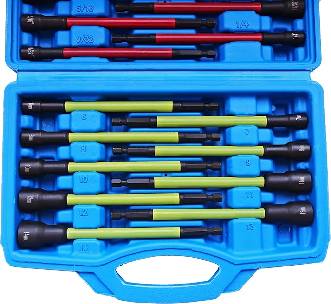 18Pcs Magnetic Nut Driver Set,Impact Power Hex Extra Long Nut Driver Drill Bit Master Kit | SAE & Metric | 1/4 Inch Hex Shank | Cr-V Steel