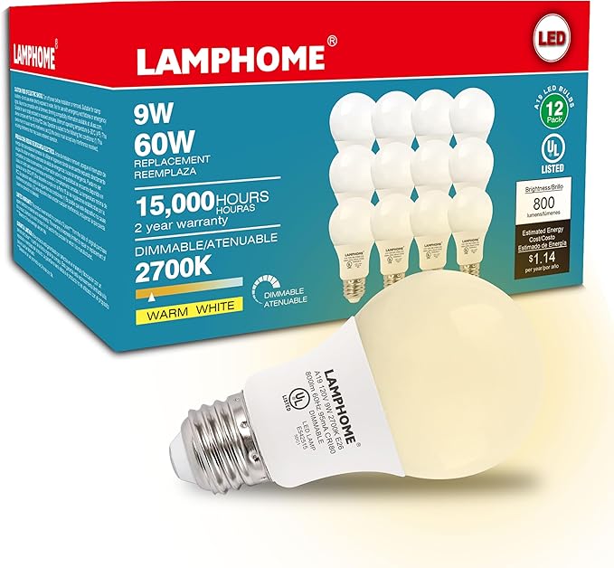 12-Pack Soft White LED Bulbs - Ideal for Bedroom & Living Room, 60W Equivalent, 2700K, 8.5W, 15000-Hour Life, Non-Dimmable, E26 Base