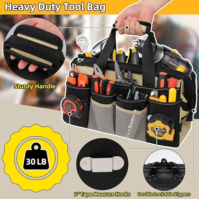 15 Inch Heavy Duty Tool Tote Bag with 24 Pockets, Wide Open Mouth Tool Box Organizer Case with Shoulder Strap, Portable Electrician Tool Kit Storage Carrying Pouch with Lockable Zipper (Khaki)