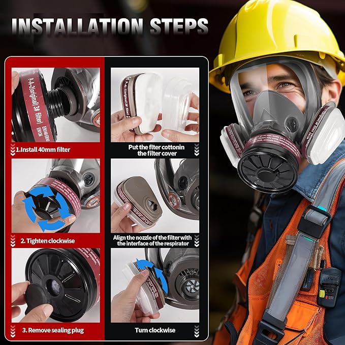Gas Masks Survival Nuclear and Chemical - Reusable Full Face Respirator with Activated Carbon 40mm Filter, for Painting Welding Chemical Protection Mold Dust Epoxy Resin Woodworking 6800