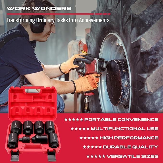 SAE Deep Impact Socket Set 8-Piece 1/2-inch Drive Wheel Axle Nut Wrench Large Sockets Standard Adapter 1-11/16 1-9/16 1-3/8 1-7/16 1-1/2 1-5/8 1-3/4 Imperial Spindle Joint Torque Bearing Locknut Truck