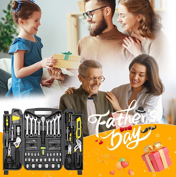 TLGREEN 95 Piece Tool Set, Tool Kit, Mechanics Tool Set, Portable Toolbox with Adjustable Wrench Pliers Socket Bits, with Plastic Toolbox Storage Case, for House Apartment Garage (Yellow)