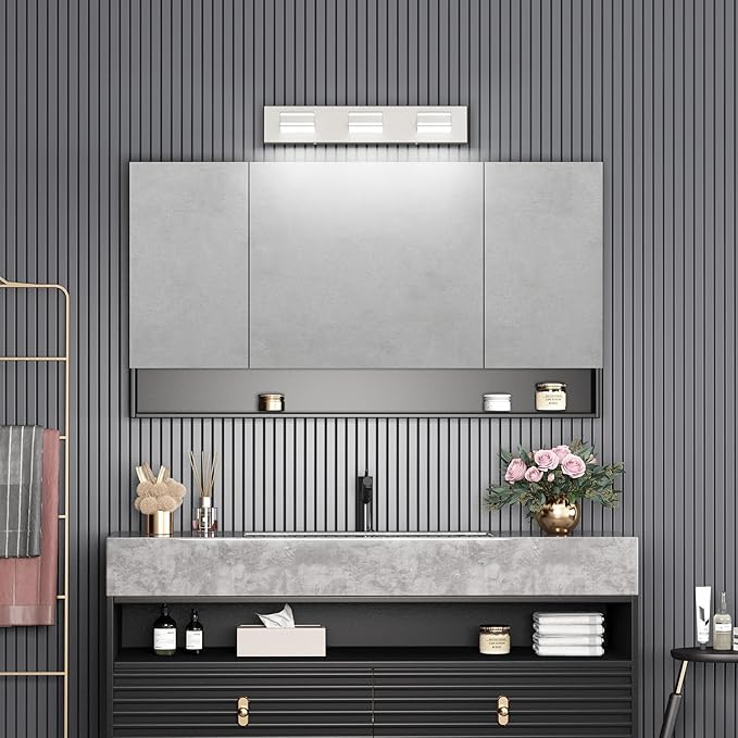 Ralbay 24inch Brushed Nickel Bathroom Vanity Lights 3-Light Metal Acrylic LED Modern Bathroom Wall Lighting Fixtures