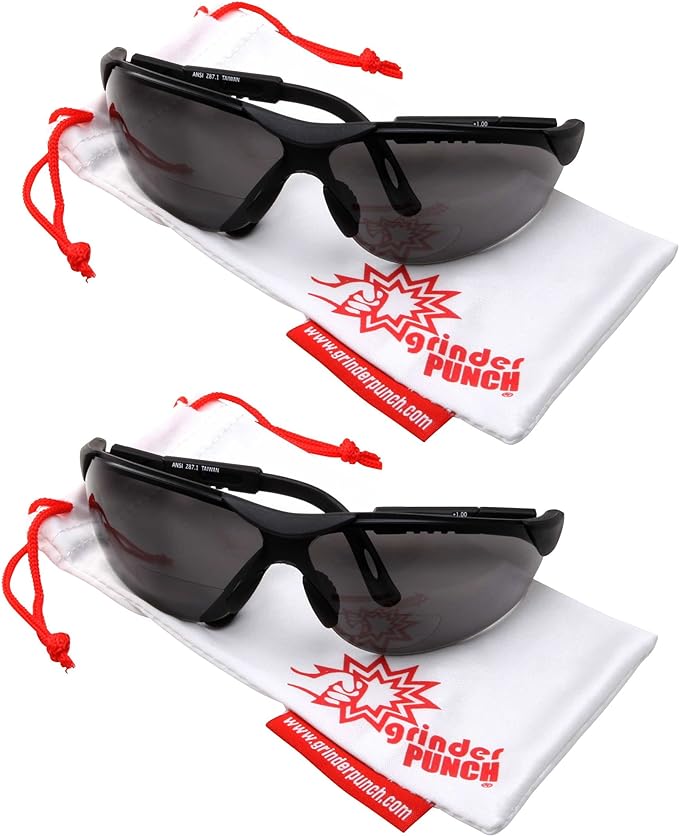 grinderPUNCH 2 Pairs Bifocal Safety Sunglasses Black Lens with Reading Corner - Fully Adjustable Arms