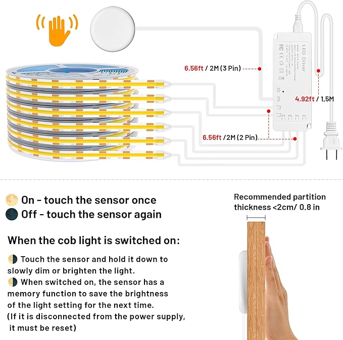 Lichaser 9.84ft COB LED Strip Light, 6 Rolls of 3000K Flexible COB LED for Acoustic Panel and Wood Slat Wall Panels Parallel with Dimmable Touch Sensor Switch, Cuttable for Wood Slat Lighting, Shelf