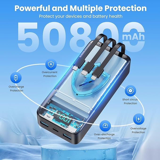 Portable Charger 50800mAh Power Bank with 3 Built in Cables,25W PD QC4.0 Fast Charging USB C Battery Pack,6 Outputs 2 Inputs LCD Display Portable Phone Charger for iPhone 16/15/14,Galaxy,Android etc