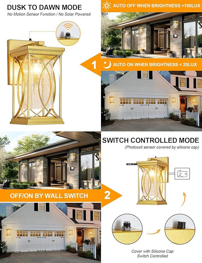 Gold OutdoorSconce Dusk to Dawn Exterior Light Fixtures Wall Mount Porch Light Modern Outdoor Wall Light Aluminum with Crack-Like Glass IP65 Waterproof Outside Coach Light for House