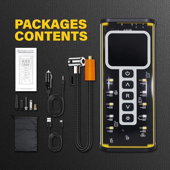 Tire Inflator Portable Air Compressor, 150PSI Air Pump for Car Tires, Auto Shut-Off Fast Inflation Tire Pump with Pressure Gauge & LED Light for Car, Bike, Motorcycle, Ball