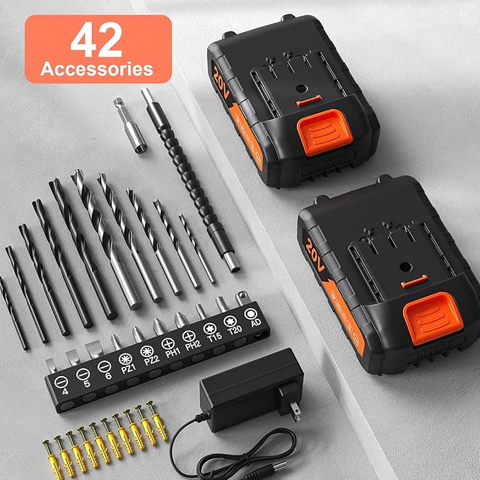 Cordless Drill, 20V Power Drill, Double 2000mAh Power Pack Electric Drills, Cordless Drills with Power Pack and Charger, 3/8" Keyless Chuck Screwdriver with 25+1 Max 370 In-lb Torque, 42Pcs Bits