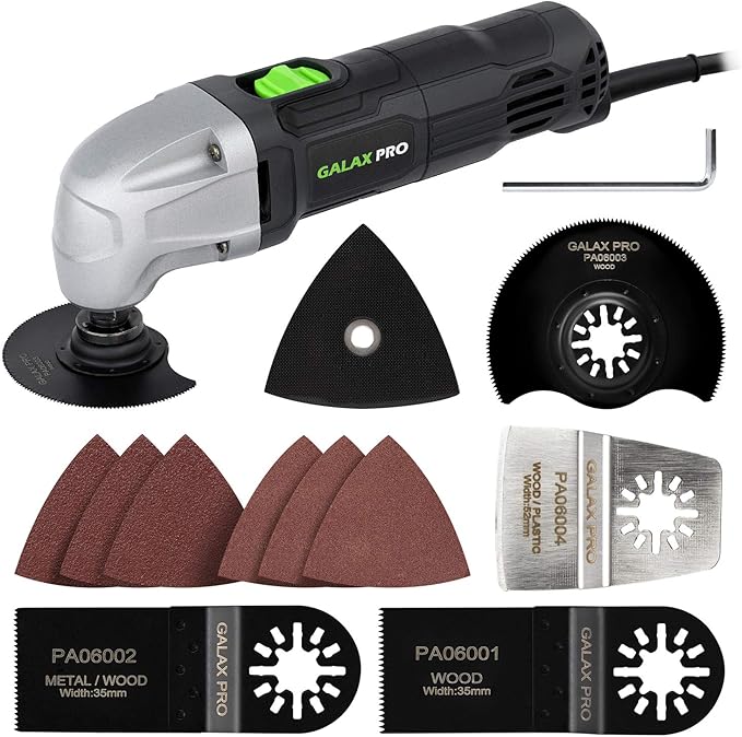 GALAX PRO 22000 OPM 1.5A Oscillating Multi Tool, 3 Degree Oscillating Angle with 3 Pieces Saw Blades, 1 Piece Semi Circle Blade Sanding Plate, 6 Pieces Sanding Papers for Grinding
