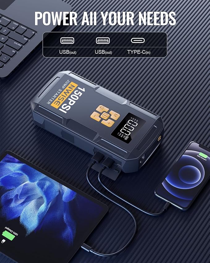 Portable Car Jump Starter with Air Compressor, 150PSI Jump Box Battery Pack with Digital Tire Inflator,12V Booster Pack with Large LCD Display, Emergency Light