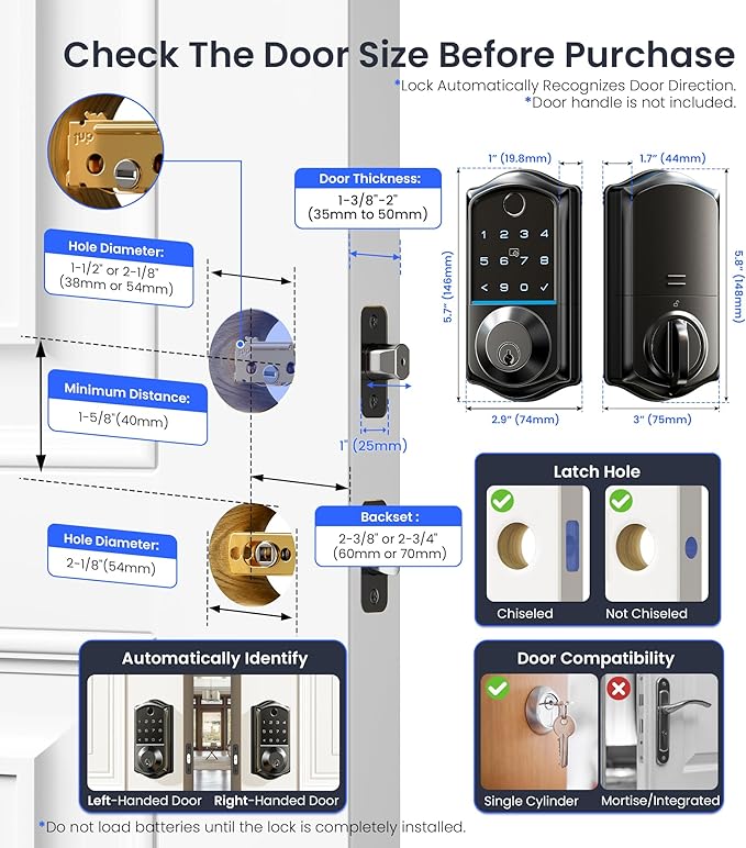 Veise VE017 Fingerprint Smart Door Lock, App Control, 7-in-1 Keyless Entry, Auto Lock, Emergency Power Port, Electronic Touchscreen Keypad, Biometric Smart Locks for Front Door, Matte Black