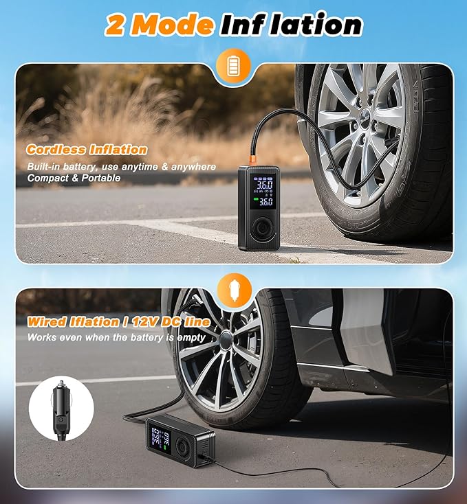 Tire Inflator Portable Air Compressor - 180PSI 5X Fast Inflation Rechargeable Battery & 12V DC Adapter Powered Air Pump for Car Bike Motorcycle Tires Balls with LCD Display, LED Light, Pressure Gauge